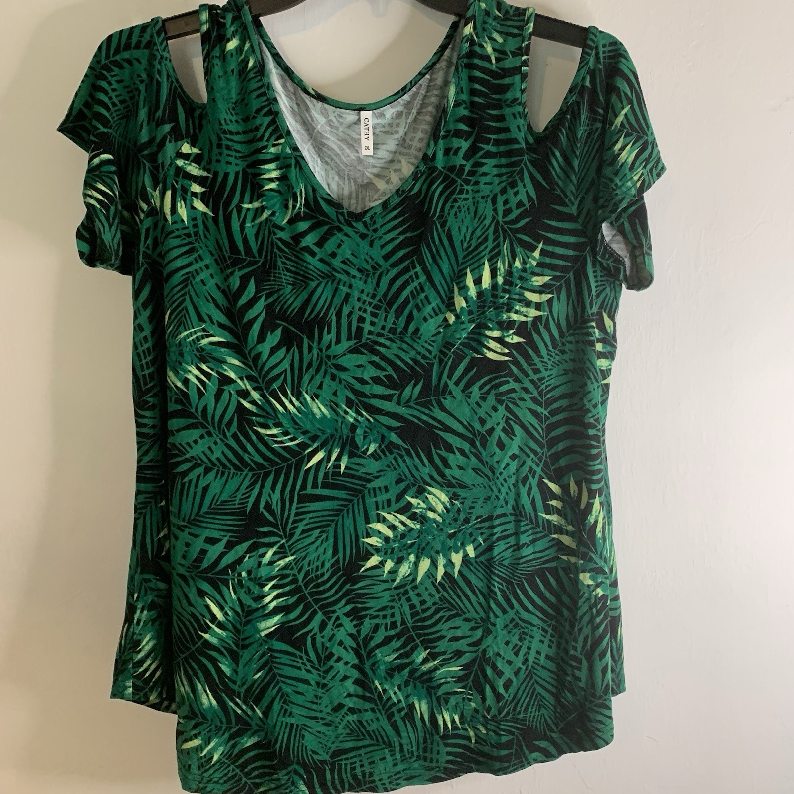 Cathy Palm Tropical Palm V Neck Womens 2XL Flowy Stretch Sleeve Cut Outs Top