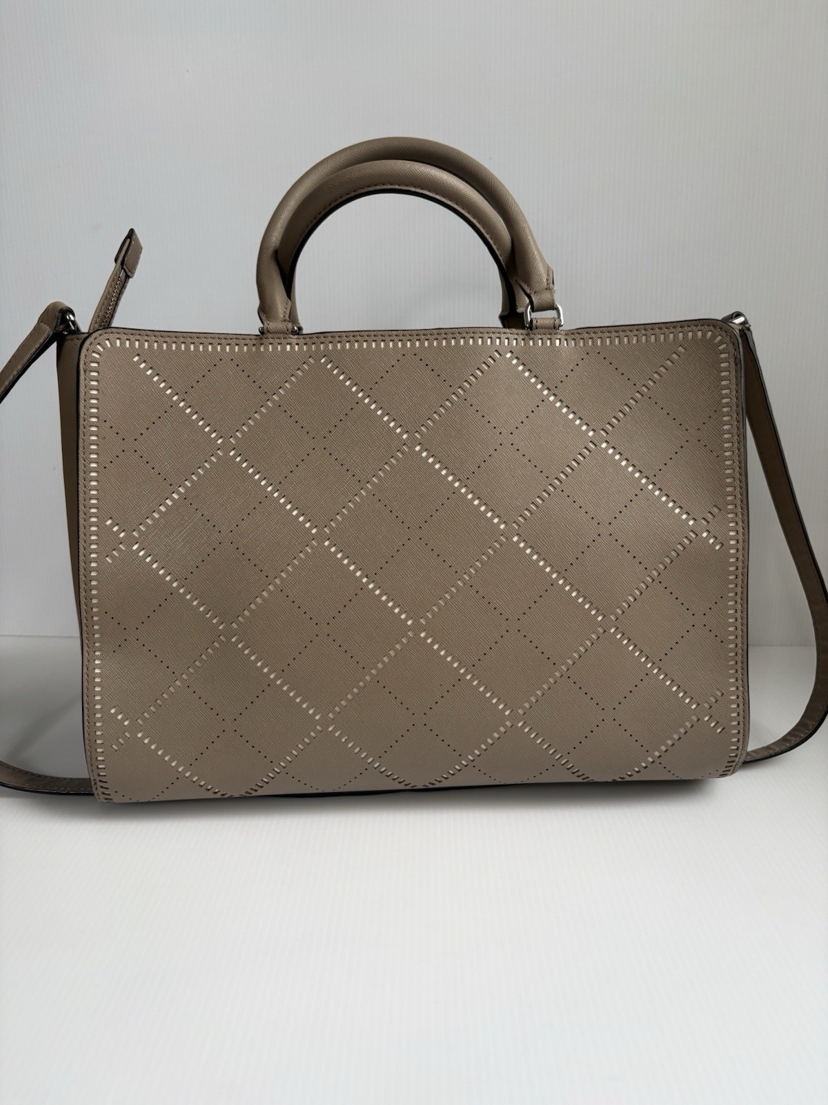Tory Burch Robinson Crosshatch Large Zip Tote Satchel In French Gray EUC