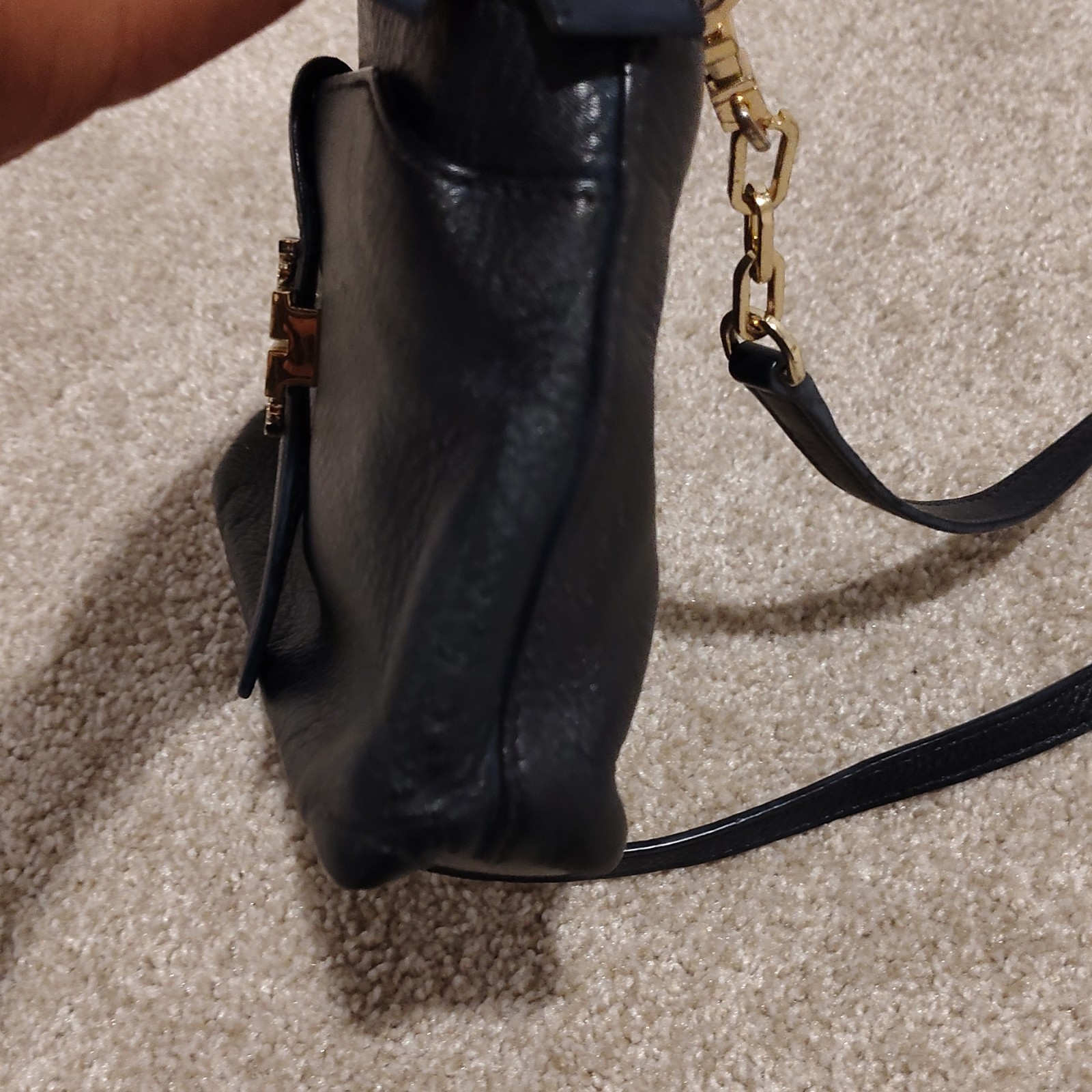 Tory Burch Black Pebbled Crossbody Bag Gold-Tone Logo, Detachable Strap