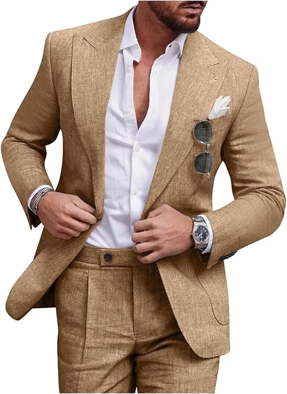 Linen Men’s Suit Set Casual Tuxedo 2 Piece Regular Fit Blazer One Button Jacket