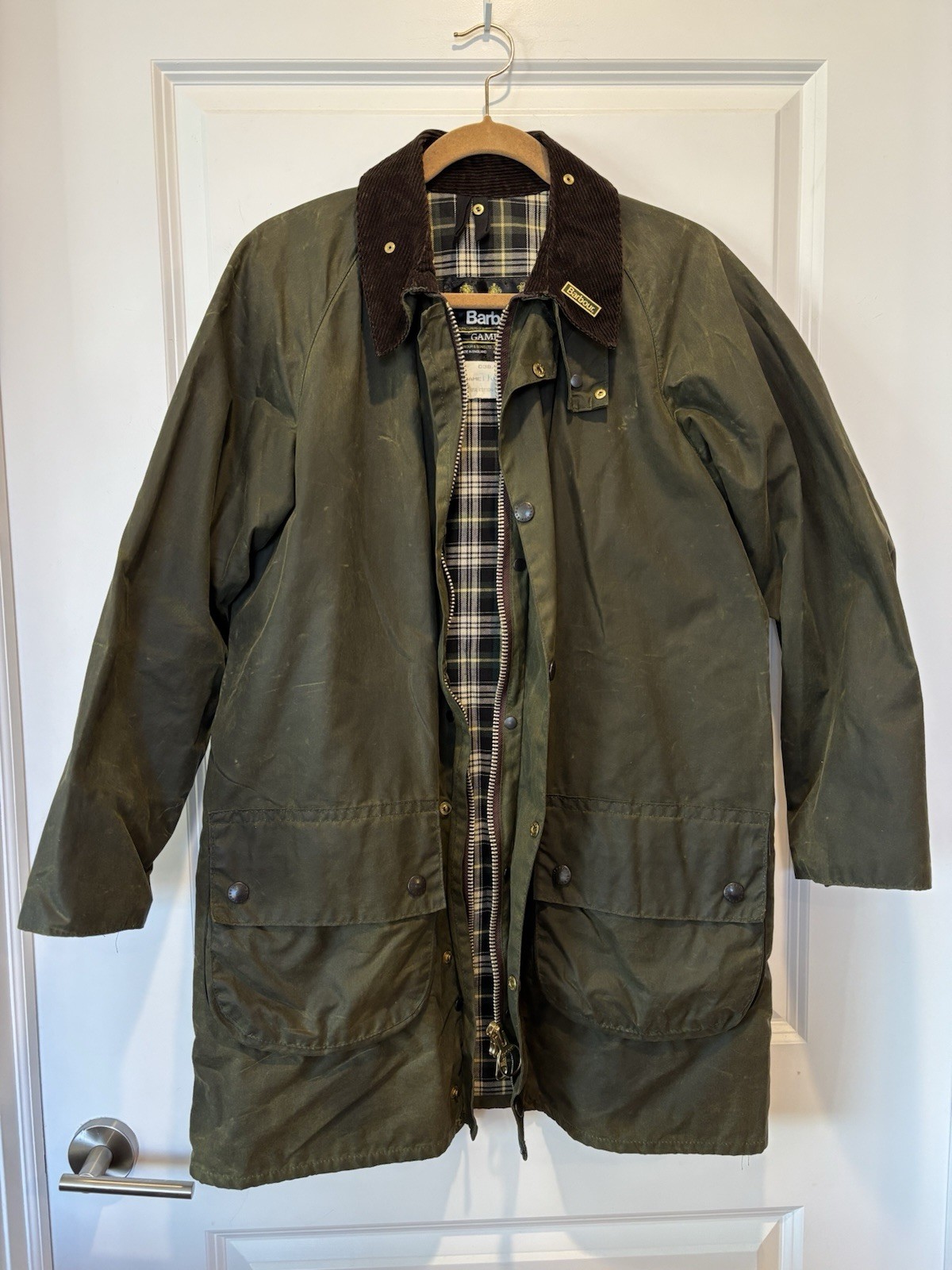 Vintage Barbour Gamefair 38 Olive Men’s Waxed Jacket 1980s Classic Long Coat