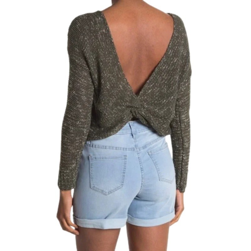 ABOUND Twist Back Sweater Top Womens S Olive Marled Knit Pullover Cropped NWT