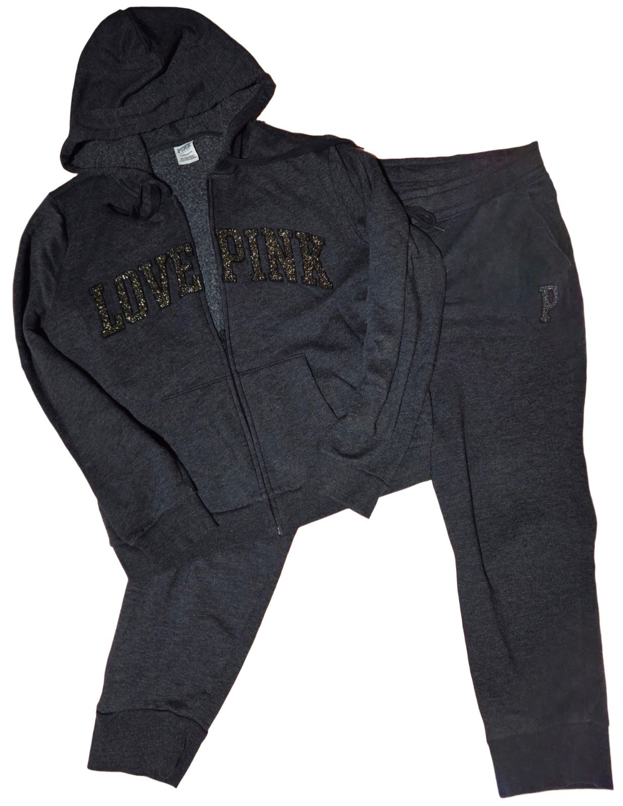 PINK Victoria’s Secret Gray 2-Piece Fleece Zip Hoodie & Jogger Pants Set, XL