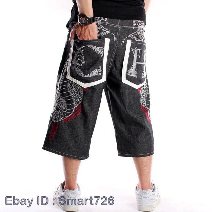 Mens Jeans Shorts Denim Pants Hip-Hop Embroidery Snake Black W30-W46