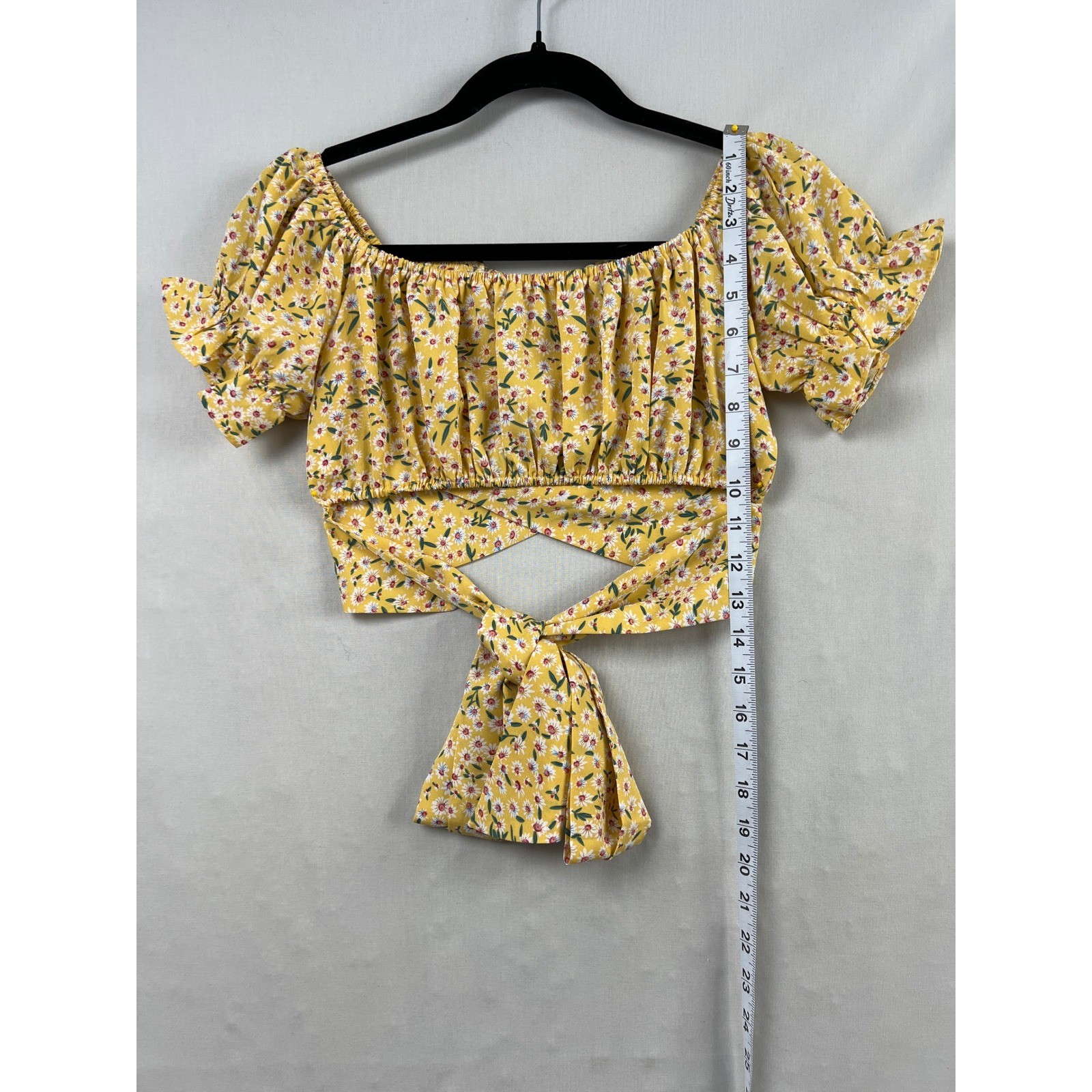 Lyaner Crop Top Women Size S Yellow Floral Puff Sleeve Tie Front Wrap Blouse