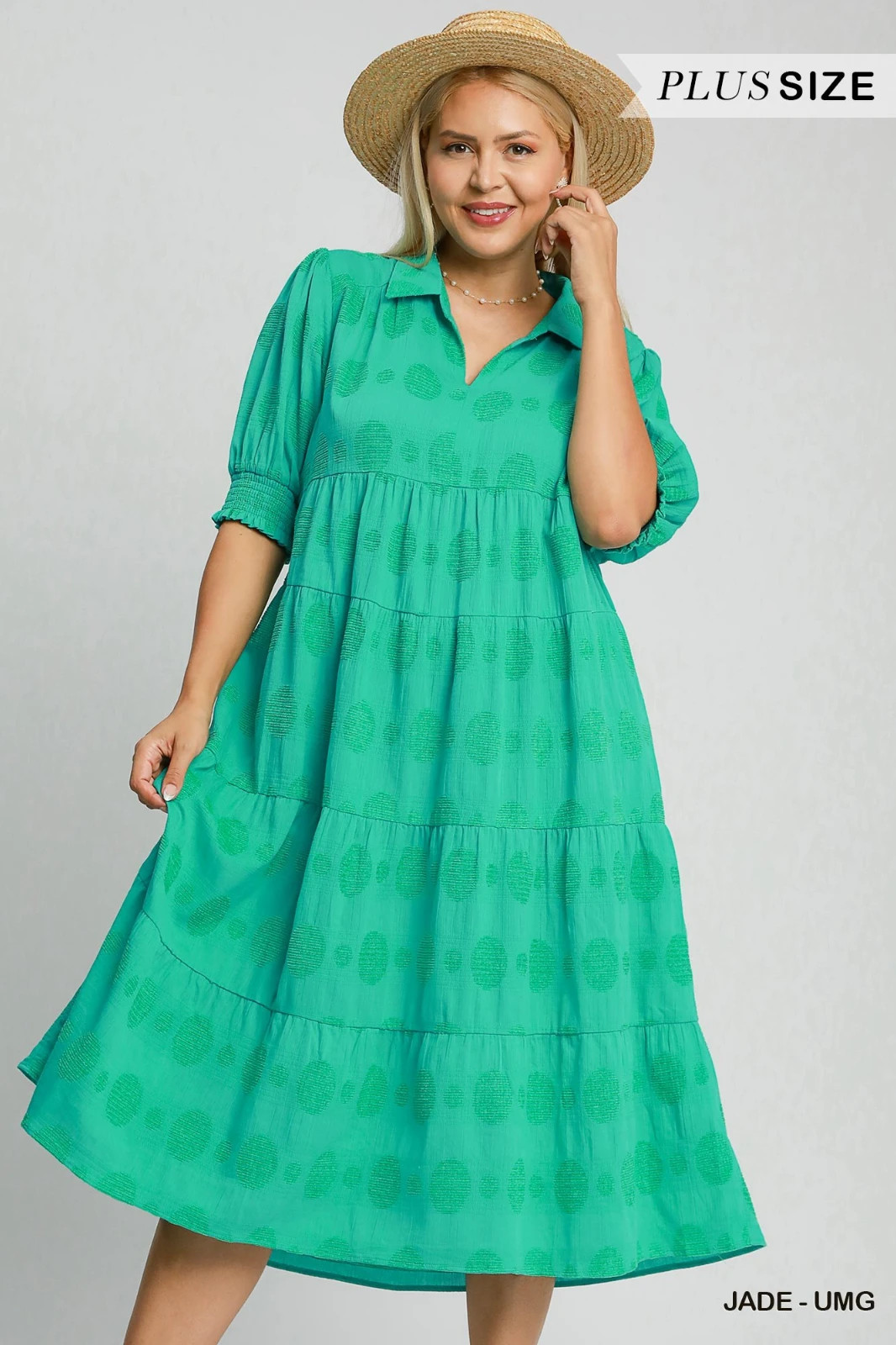Plus Umgee Jade Polka Dot Print Maxi Dress w/ V Neck and 3/4 Sleeves