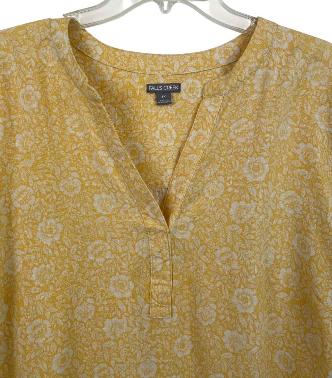 Falls Creek Womens Size 2X Yellow & White Floral Print Linen Blend Shirt