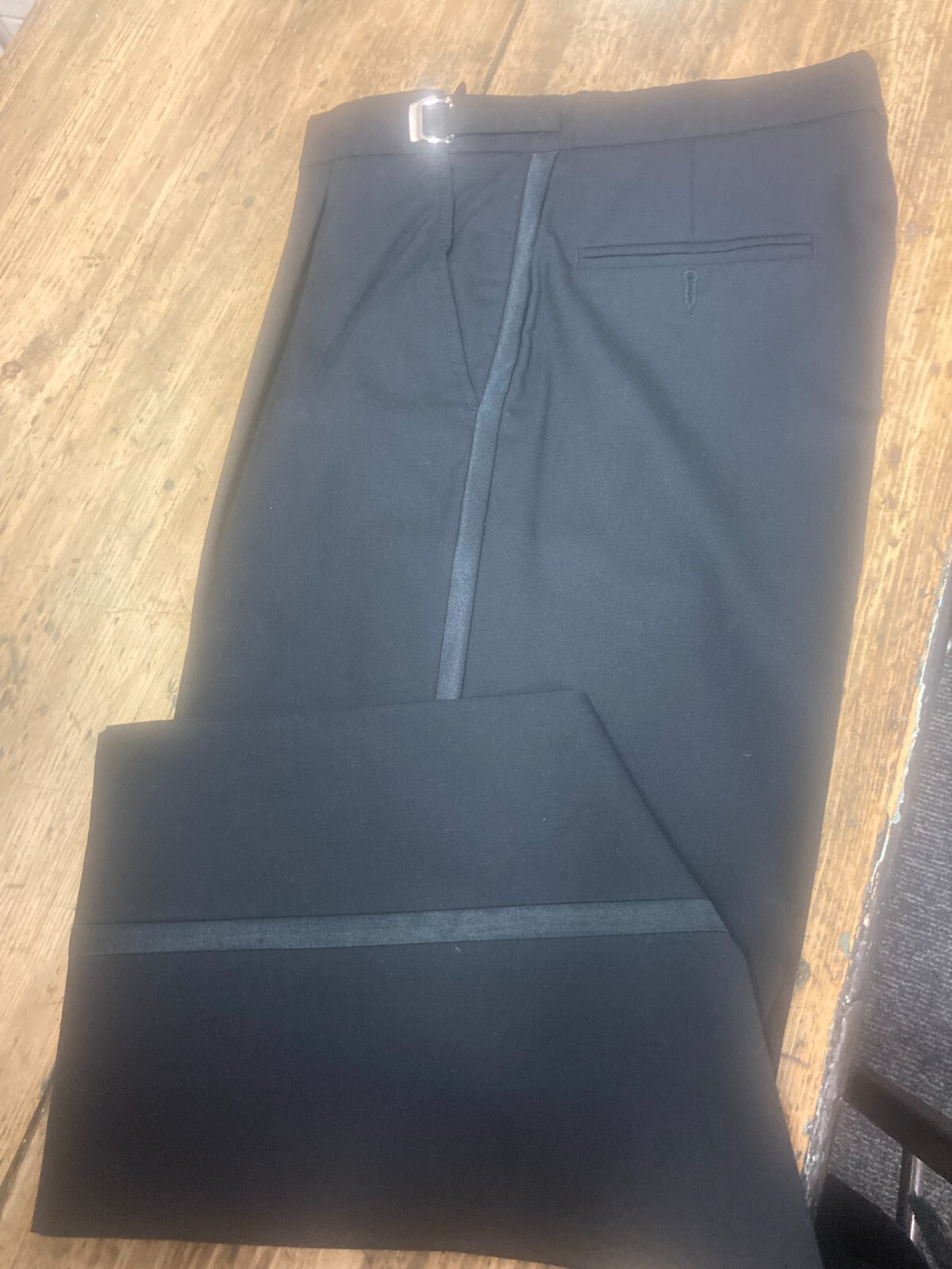 Black Pleated Satin Stripe Tuxedo Pant – 100% Wool!