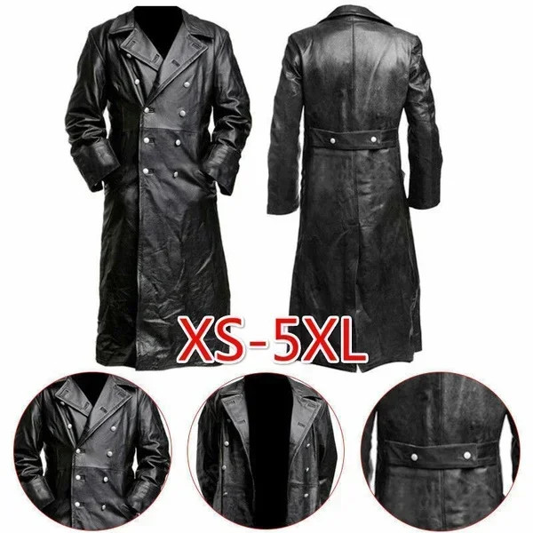 MEN’S GERMAN CLASSIC WW2 MILITARY UNIFORM OFFICER BLACK LEATHER TRENCH COAT