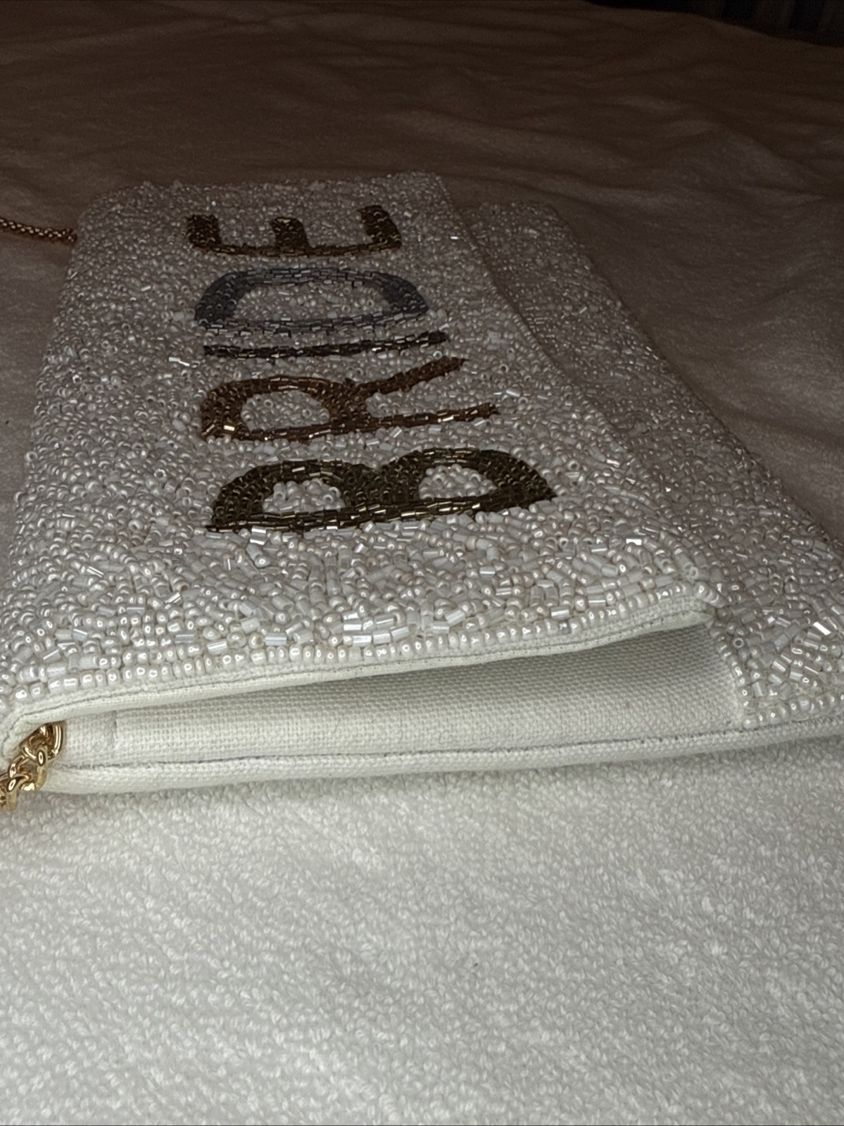Bride Clutch Embroidered Glass Beaded Gold Tone Chain Strap Classy Elegant