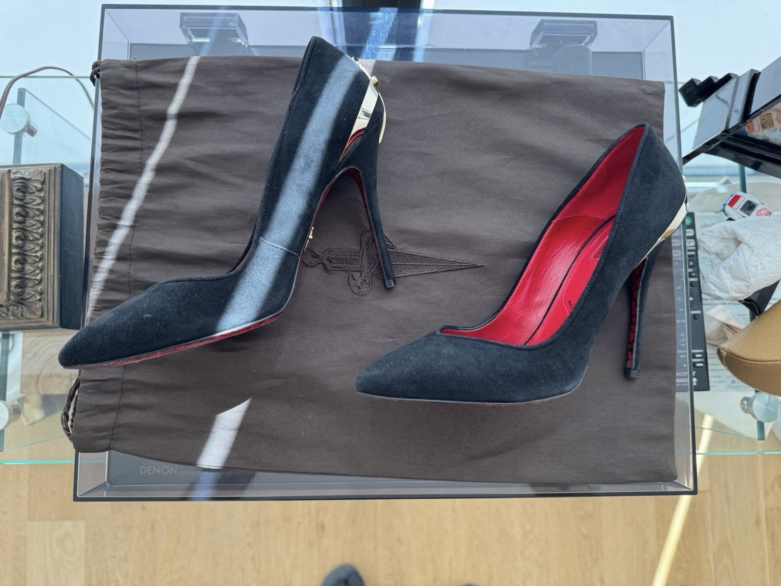 Cesare Paciotti Black Suede Pumps Gold Hardware Pointed Toe Stiletto Heel