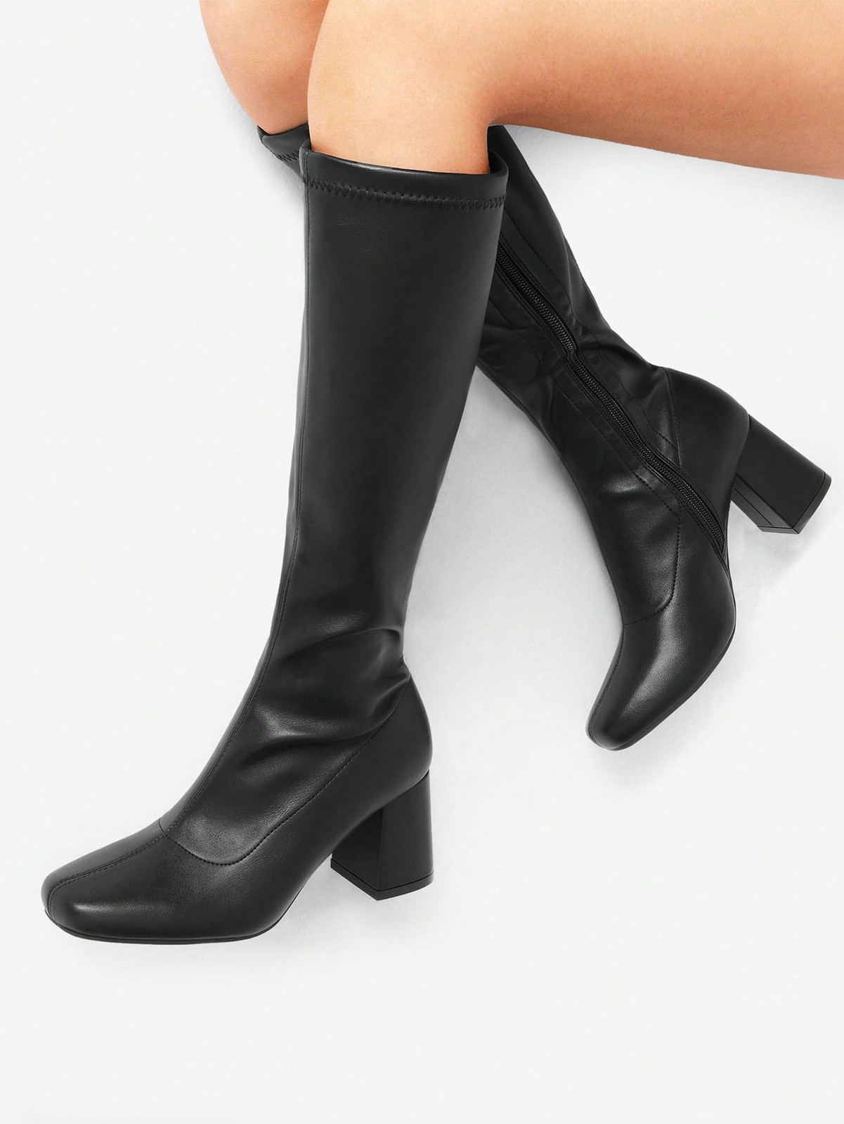 Women Gogo Boots Square Toe Chunky Block Heel Knee High Boots