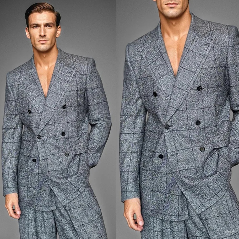 Wool Blend Check Business Mens Suit Regular Fit Peak Lapel Outwear Work Casual