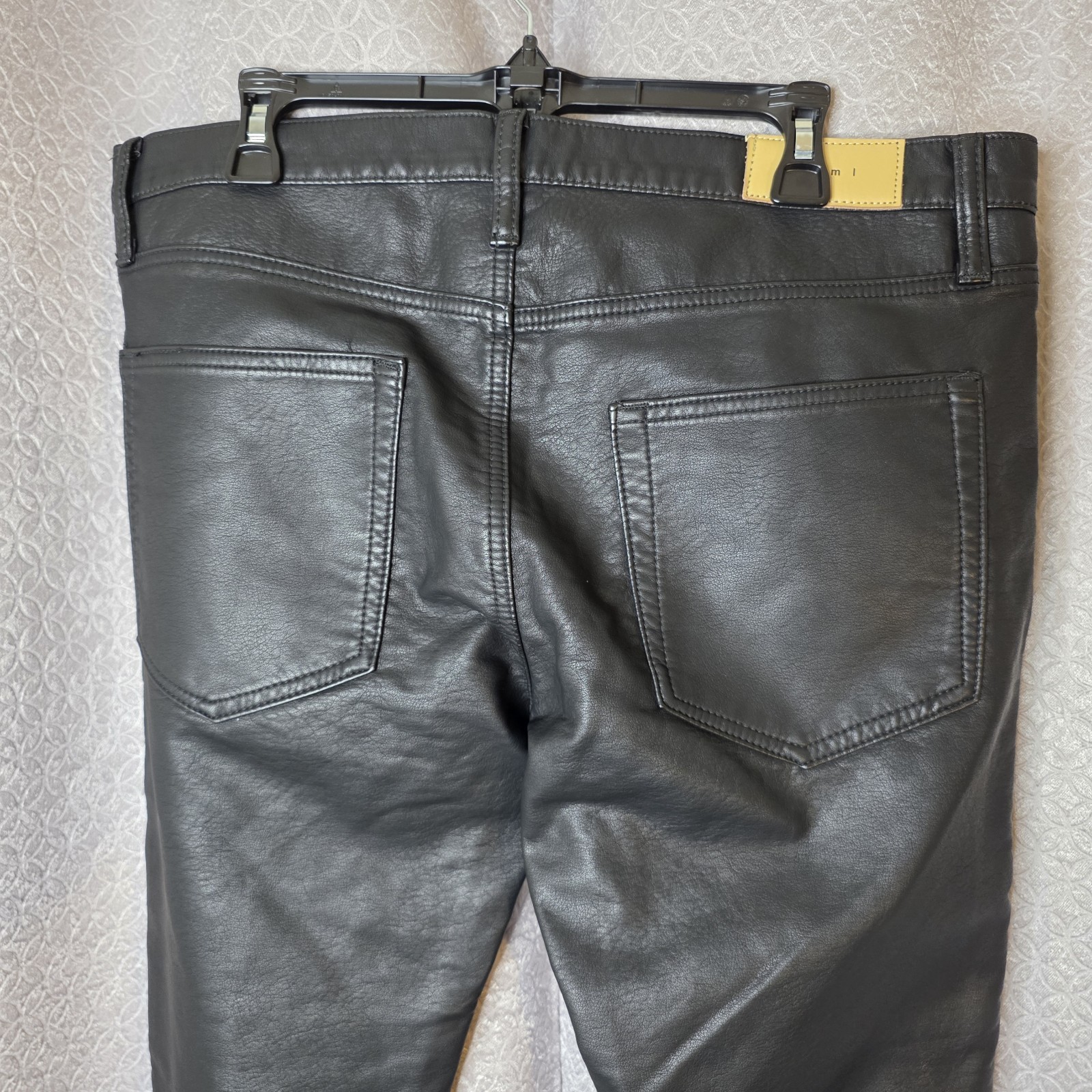 mnml Men’s Black Solid Flat Front Polyurethane Pants, Button/Zip, 5-Pocket, 36