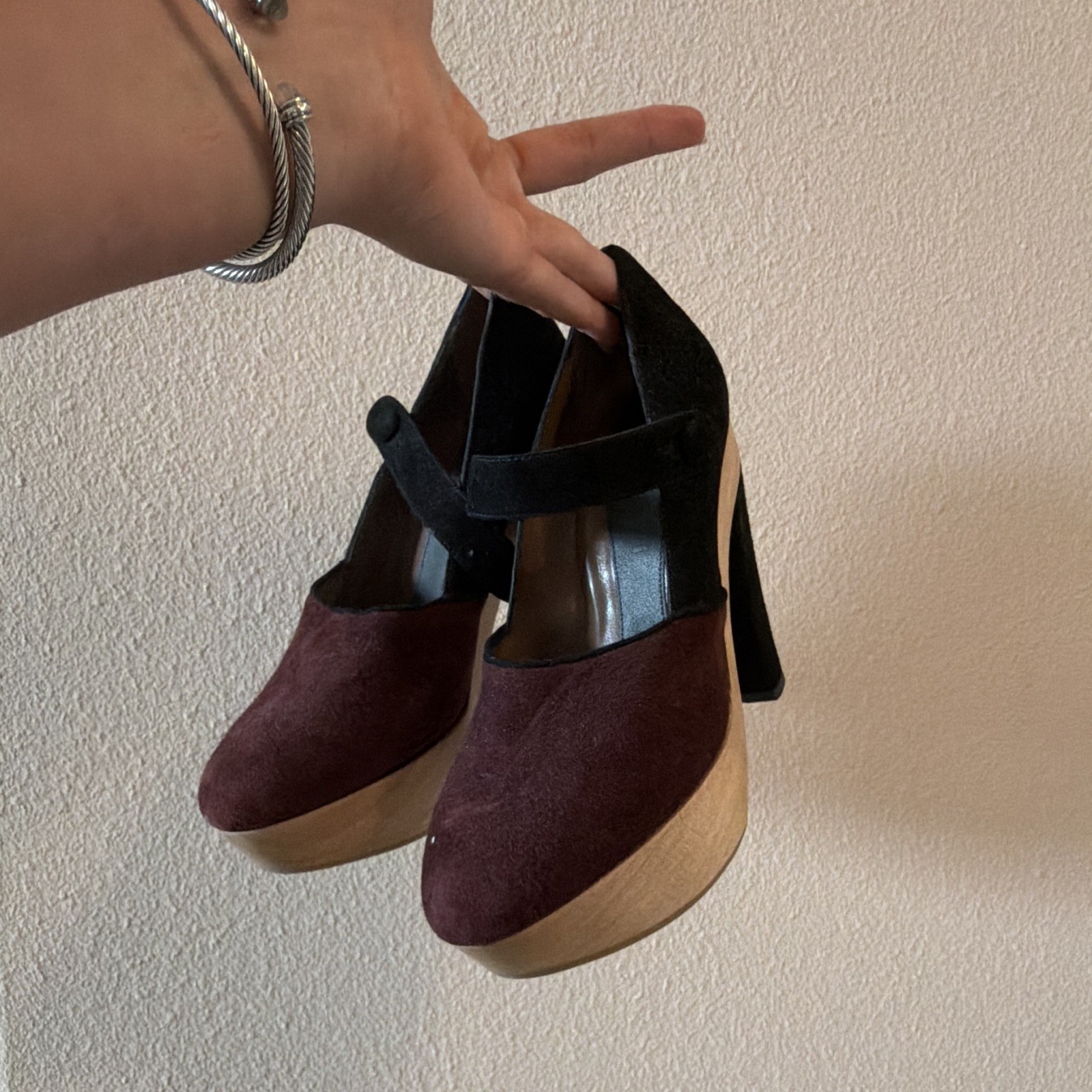 Marni Women’s 6 Burgundy/Black/Beige Suede Platform Ankle Strap Block Heels