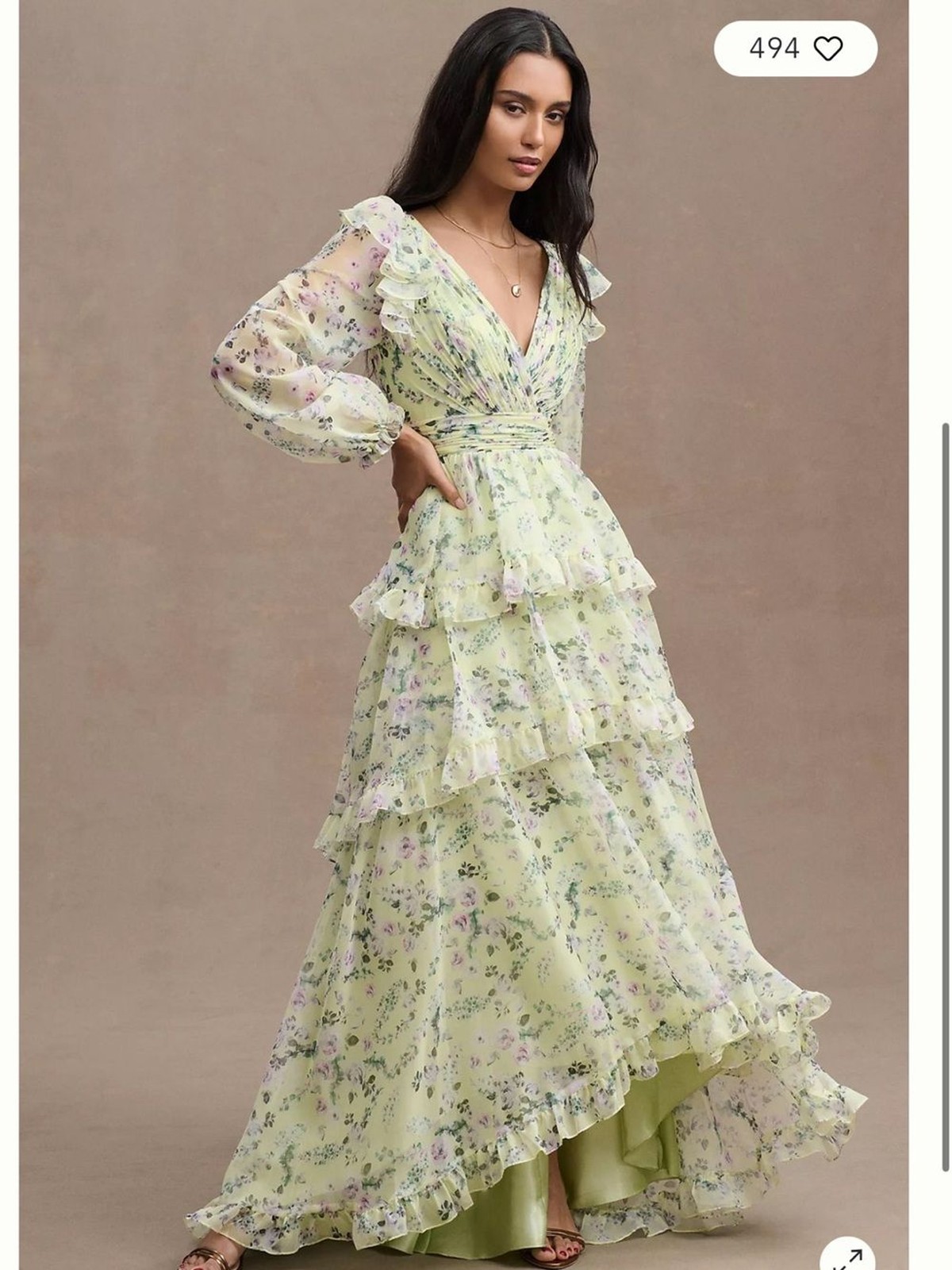 Mac Duggal Floral Chiffon Tiered Ruffle Puff Sleeve Gown Maxi Dress