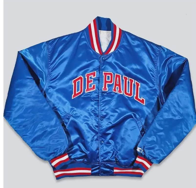 Handmade 80s DePaul Blue Demons Satin Varsity Jacket | Vintage University Bomber
