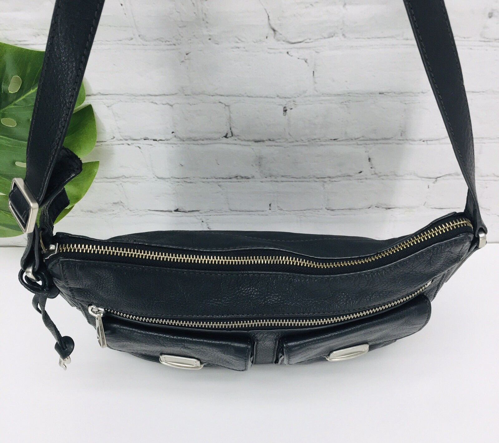 Fossil Shoulder Bag Purse Black Pebble Leather Push Lock Pockets Zip Key