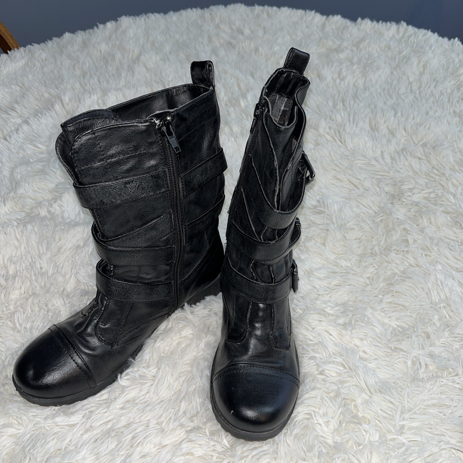 G By Guess Moto Grunge Combat Full-Zip Boot Buckles Black Metal Embellished Sz6m