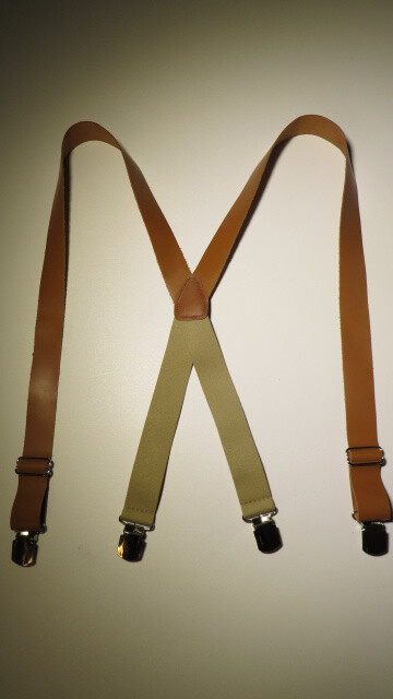 Men’s Suspenders: Black Leather Wide with 2 Pin Clips with Nylon. USA Made