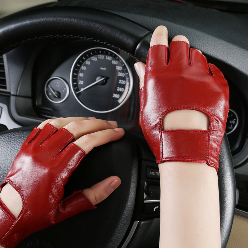 Real Leather Fingerless Short Gloves Black Red Brown Stud Lambskin Half Finger