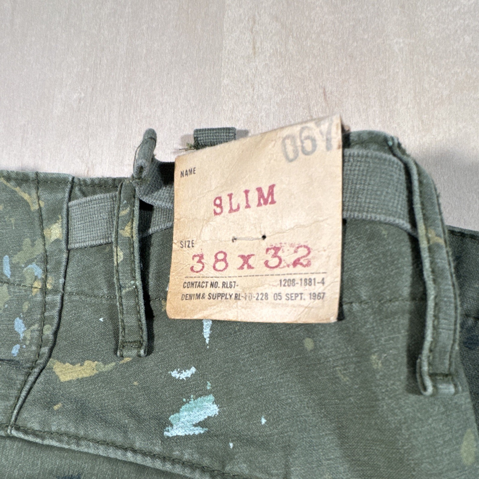 Denim & Supply Ralph Lauren Slim Cargo Pants Green Paint Splatter 38 x 32