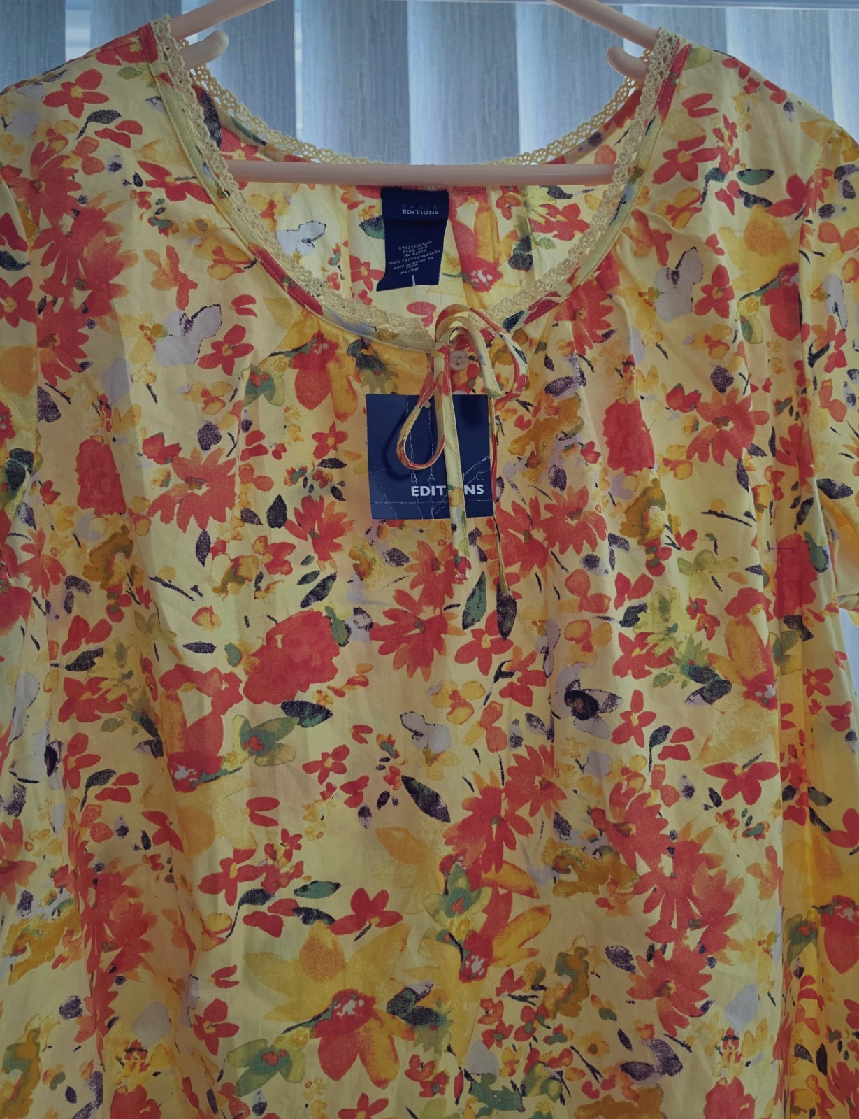 NWT Basic Editions yellow/orange cotton short-sleeve floral blouse (XL) lace nec