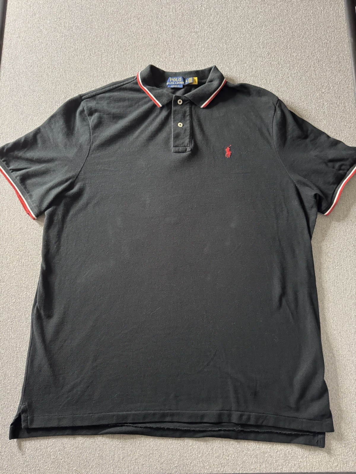 Polo Ralph Lauren Men’s Black Polo Shirt With Red And White On Collar XL Classic