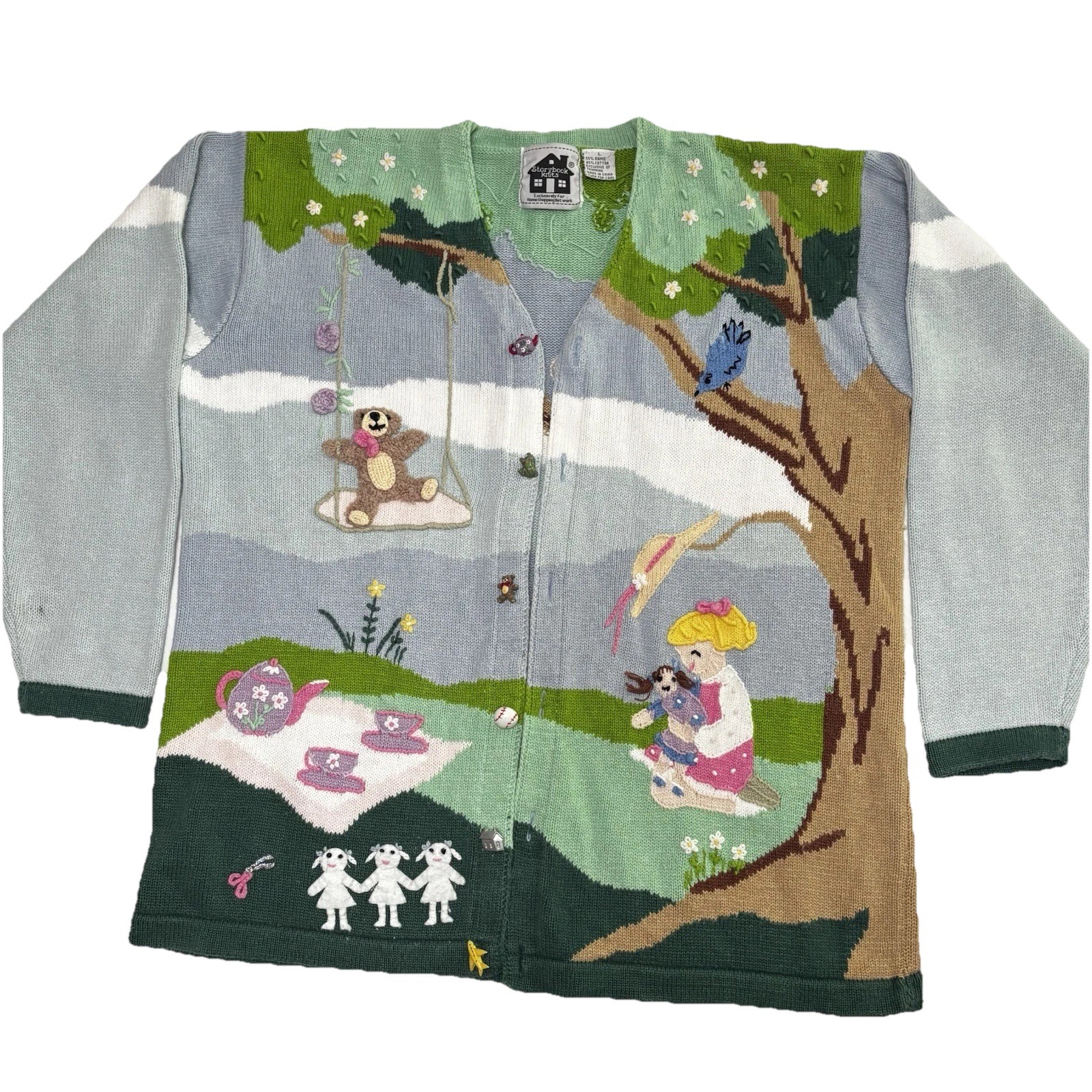 Vintage Storybook Knits Playtime In The Park LARGE Cotton Sweater Spring 90s