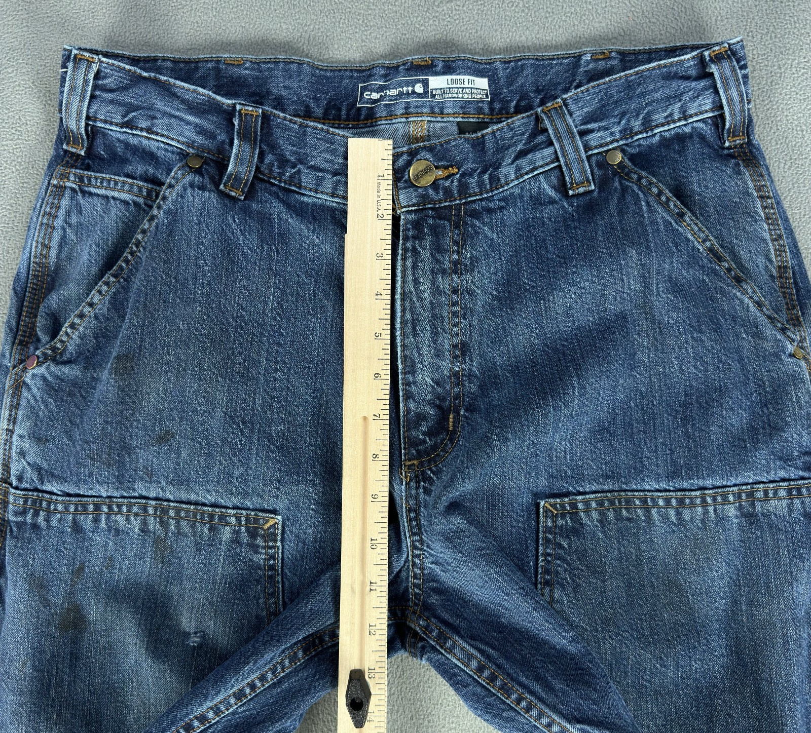 Carhartt Jeans 34×32 Blue Distressed Faded Stain Double Knee Dungaree Loose