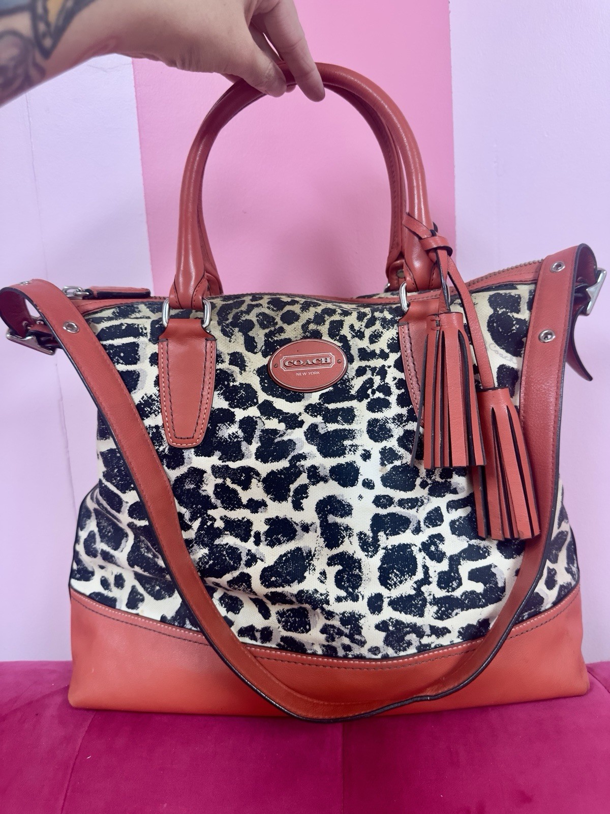Coach vintageleopard ocelot large satchel top handle zip silver hw w strap rare