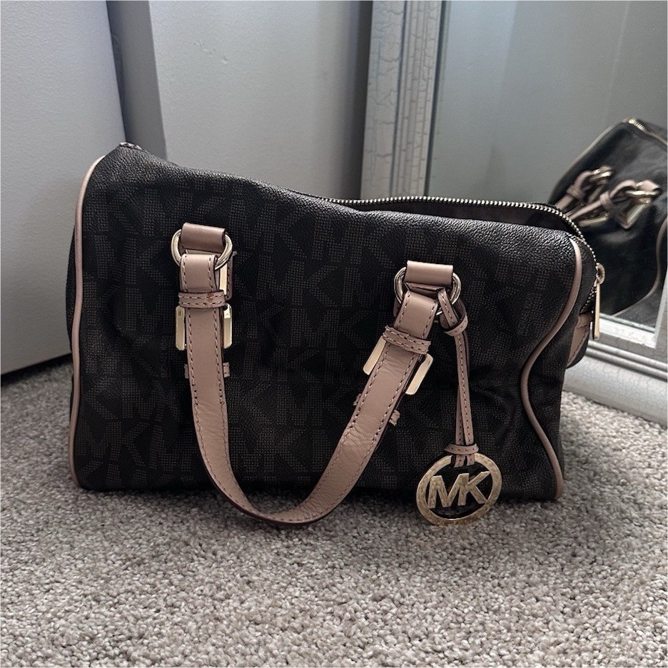 Michael Kors Medium Satchel Top Handle Bag Brown MK Logo Pink Handles Zip Gold