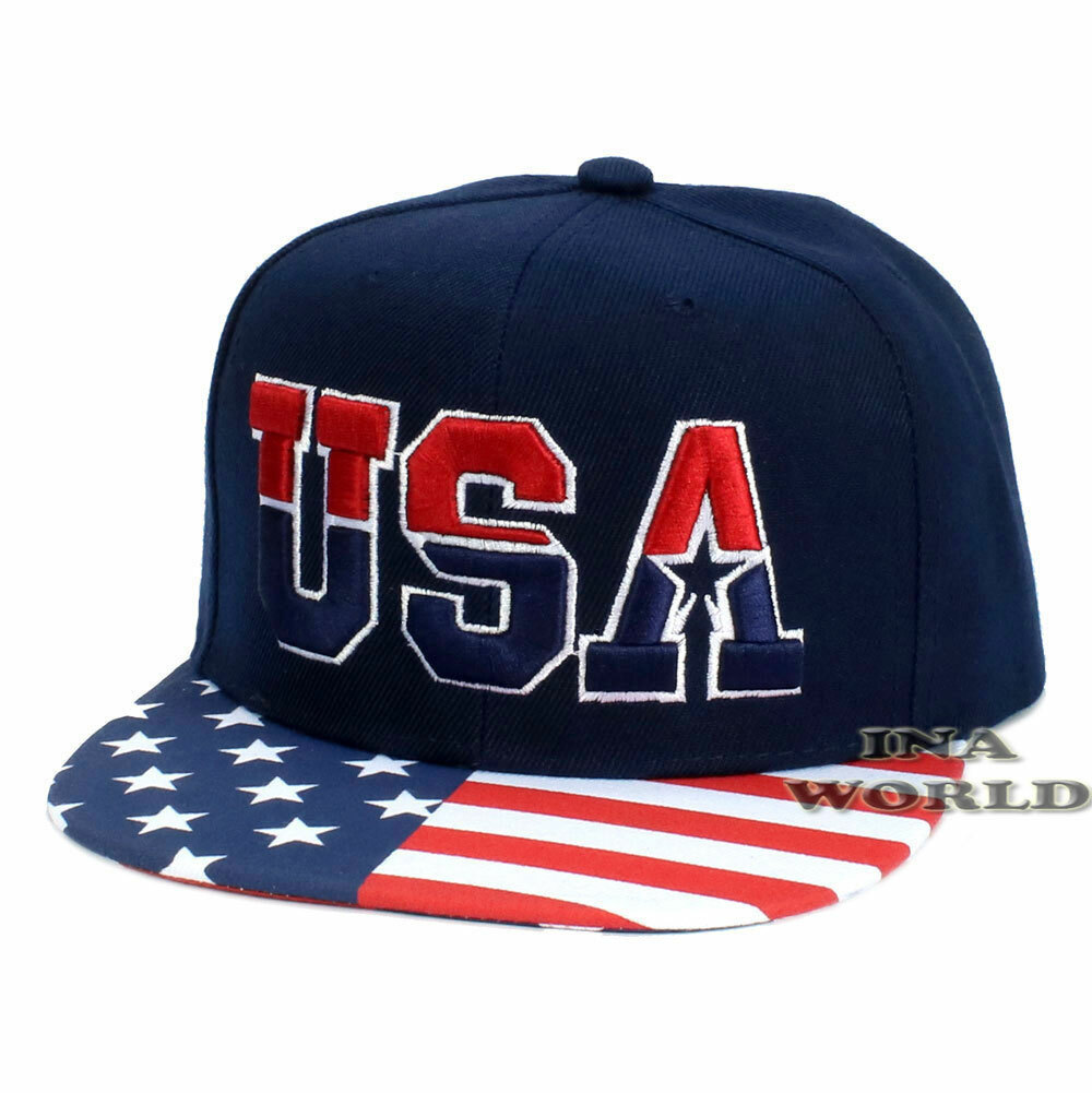 USA Flag Hat Stars and Stripes Flag Flat Bill Snapback Baseball Cap- Navy Blue