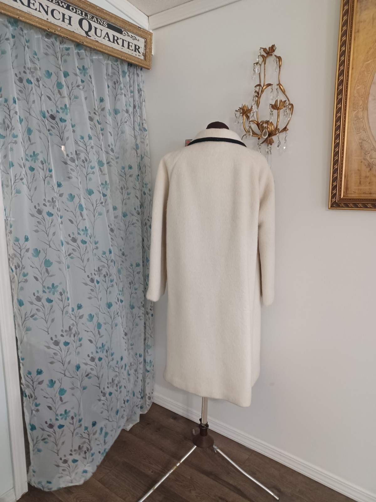 Vintage 60s LODEN WOOL Coat Beautiful Creamy White Black Trim JACKIE O M -L