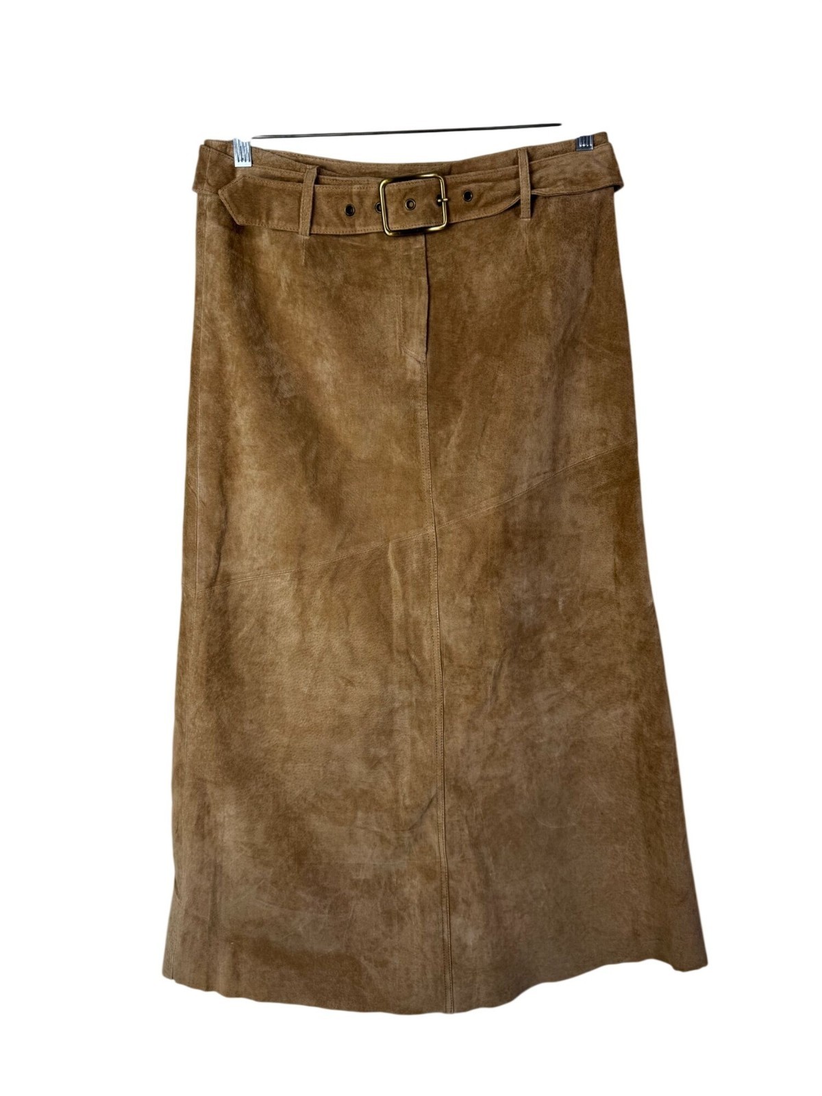 Newport News Women Tan Suede Leather Midi Maxi Skirt Waist Size 14 Belted Buckle