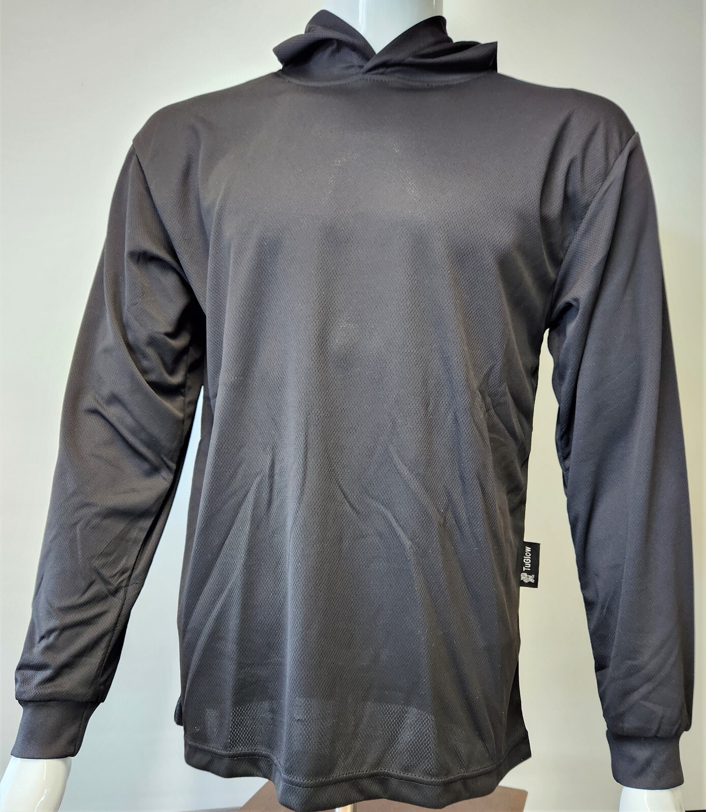 Black Long Sleeve Safety Shirt With Hoodie, Quick Dry Polyester Birdeye mesh