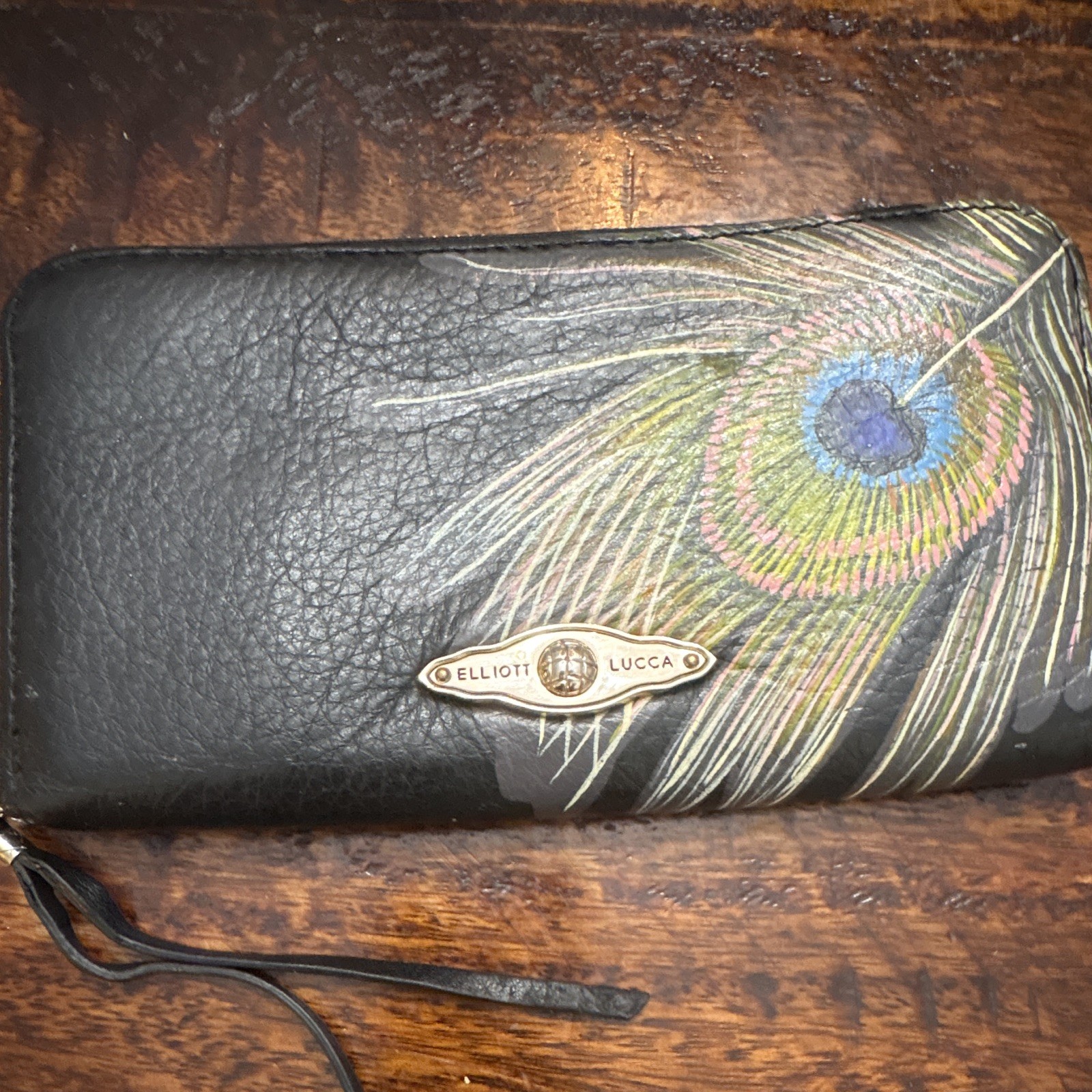 Elliott Lucca Women’s Black Multicolor Peacock Zip-Around Wristlet Wallet