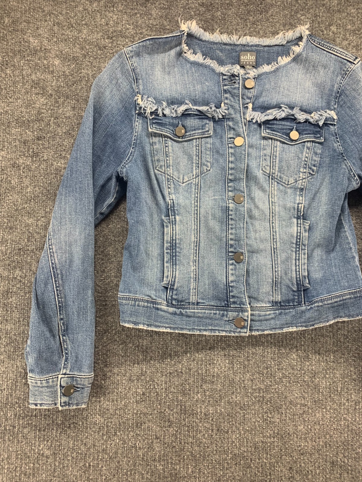 Soho Jacket Womens Medium M Blue Denim Jean Button Frayed Stretch Medium Wash