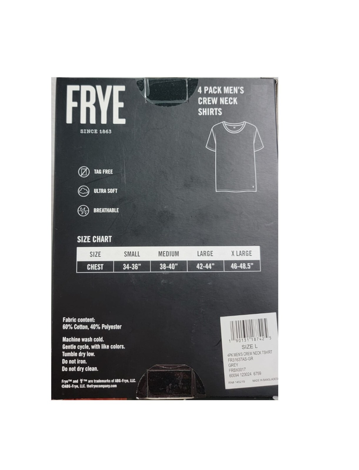 Frye Men’s Crew Neck Shirts 4 Pack White -Black -Gray-Dark Grey-Small NEW