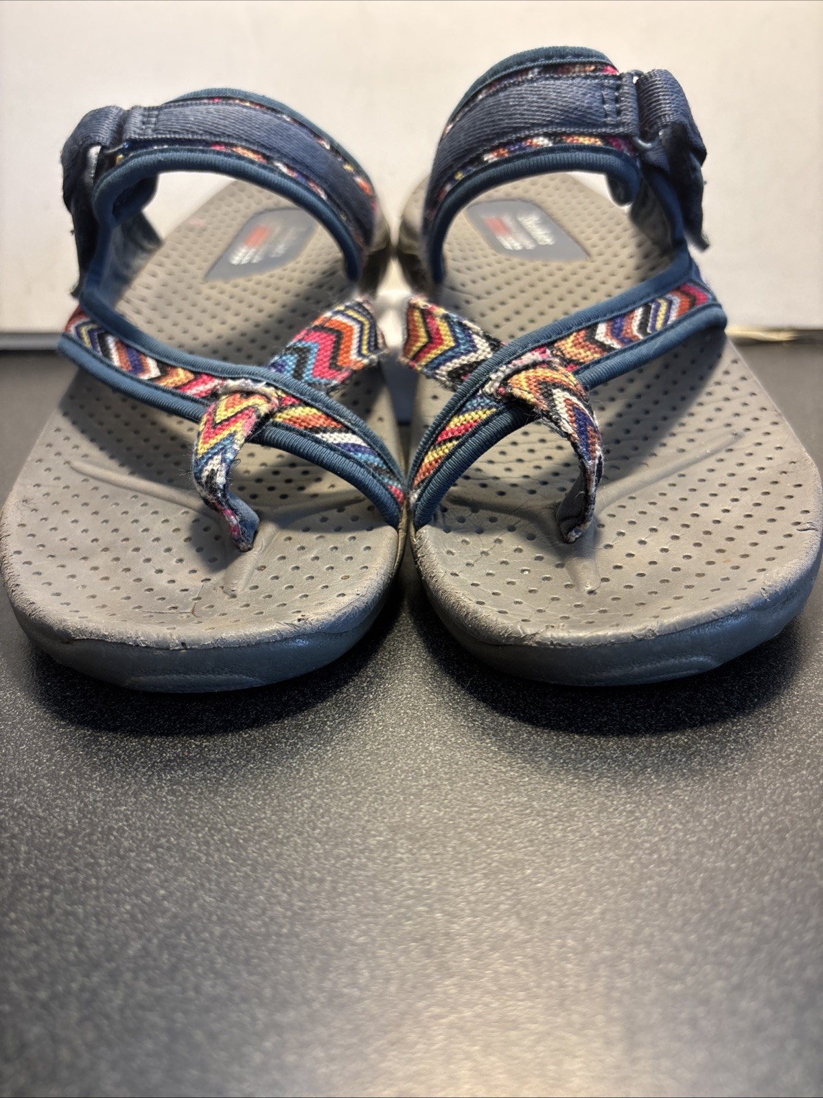 Skechers Sandals Reggae Zig Swag Strappy Slides Blue Toe Loop Sandals Size 8.5