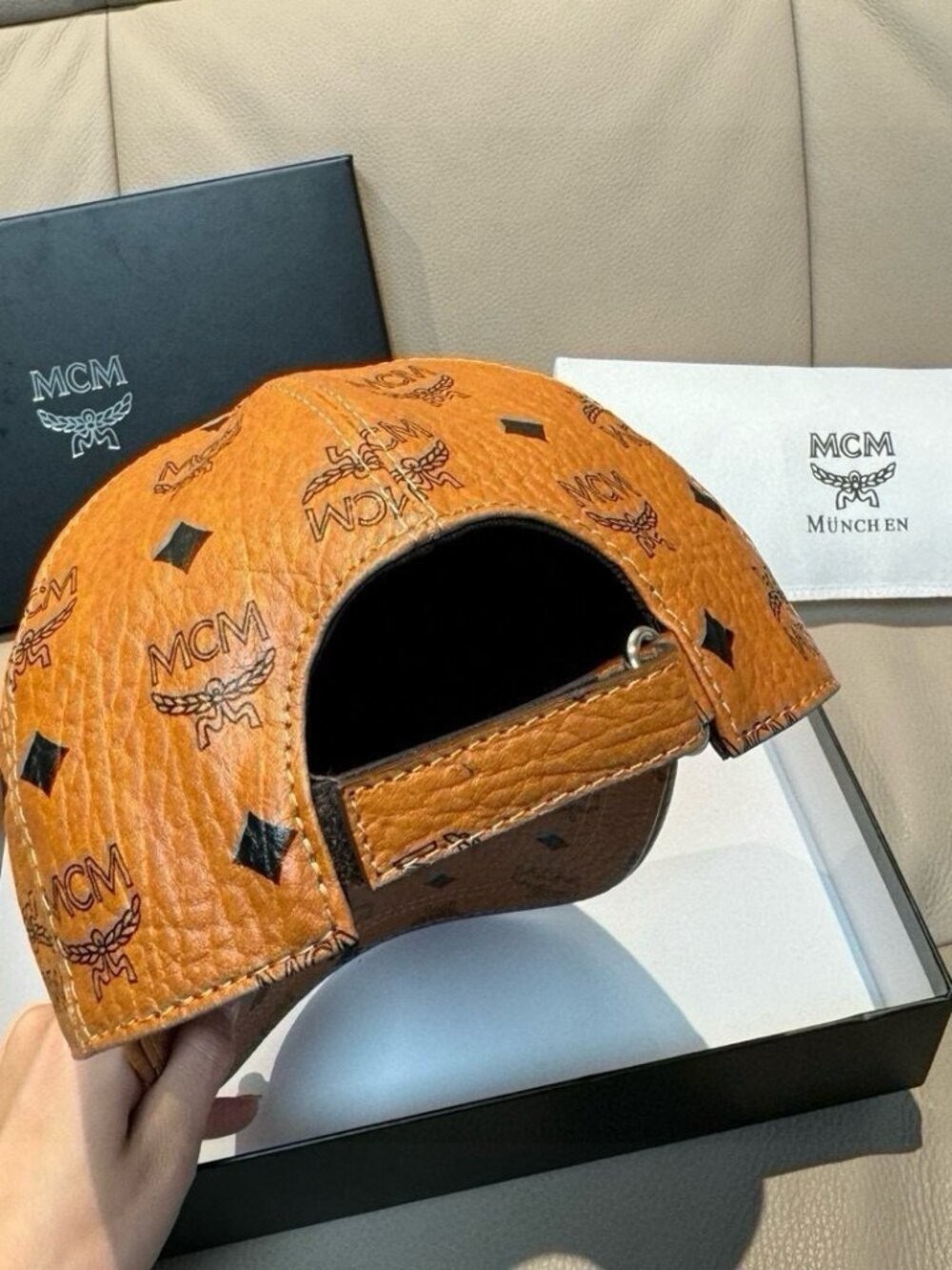 MCM Cognac Visetos Leather Baseball Cap Black Studs Adjustable