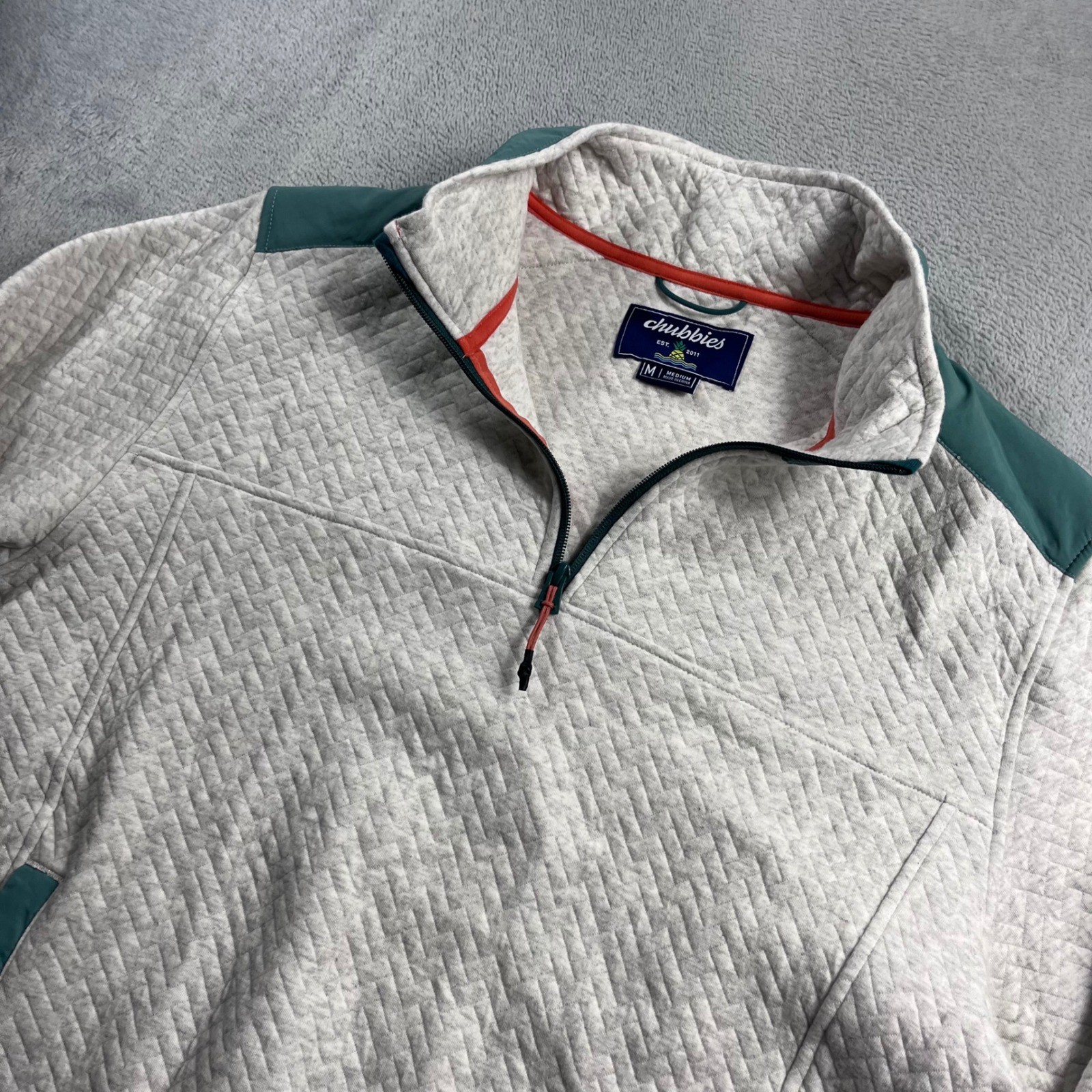 Chubbies Mens Quilted Quarter Zip Pullover Grey Teal Orange Trim Size Medium