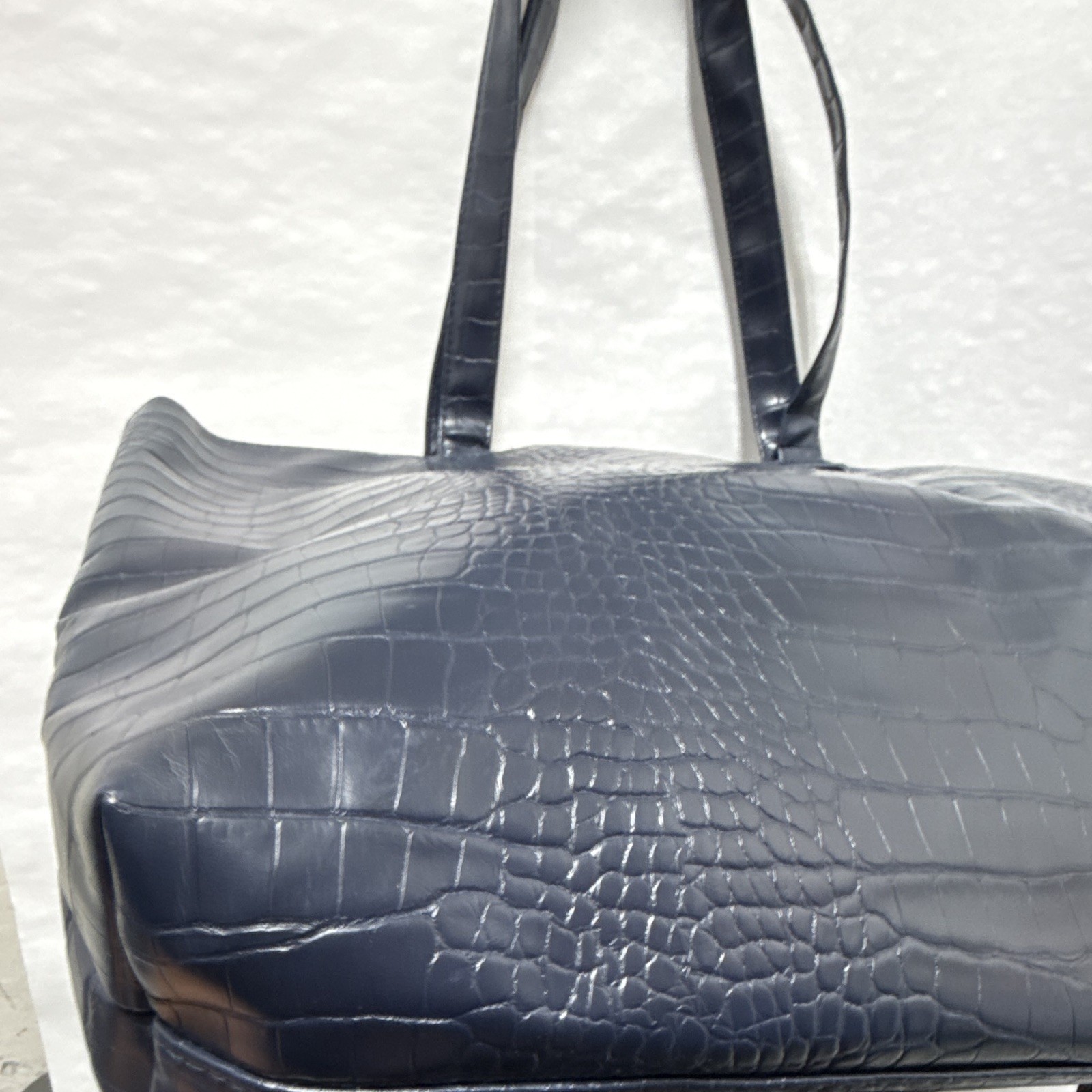 Women’s Navy Crocodile Embossed Tote Bag Double Handles Open Top Lined