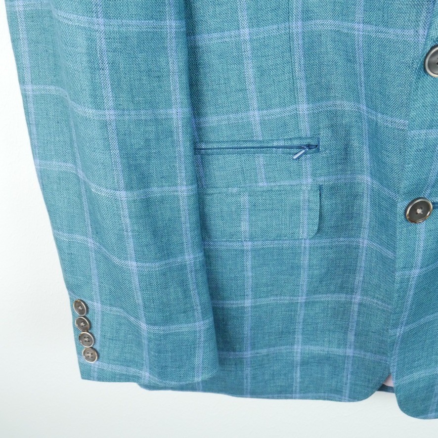 Tallia Men’s 100% Linen Teal Blue Windowpane Plaid Sport Coat Jacket Blazer 40R