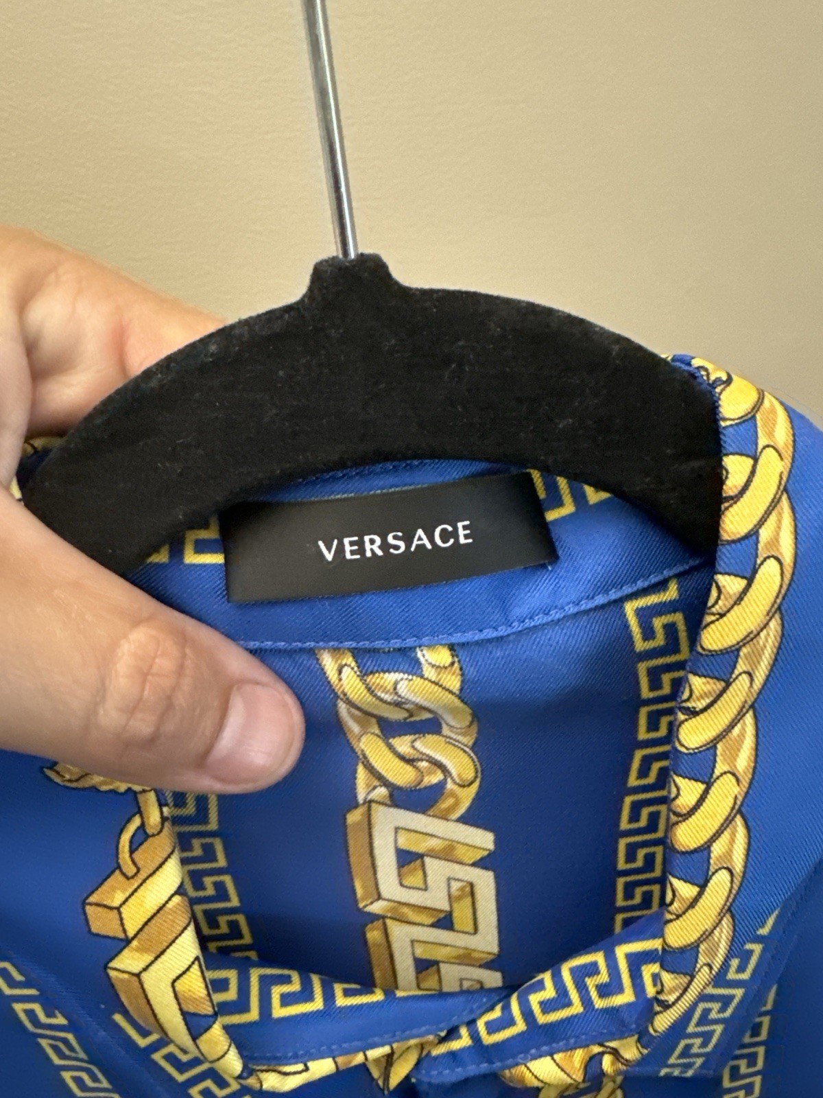 Versace Blue/Gold Chain Link Silk Button Up Shirt Sz IT56 US XL 100% Authentic