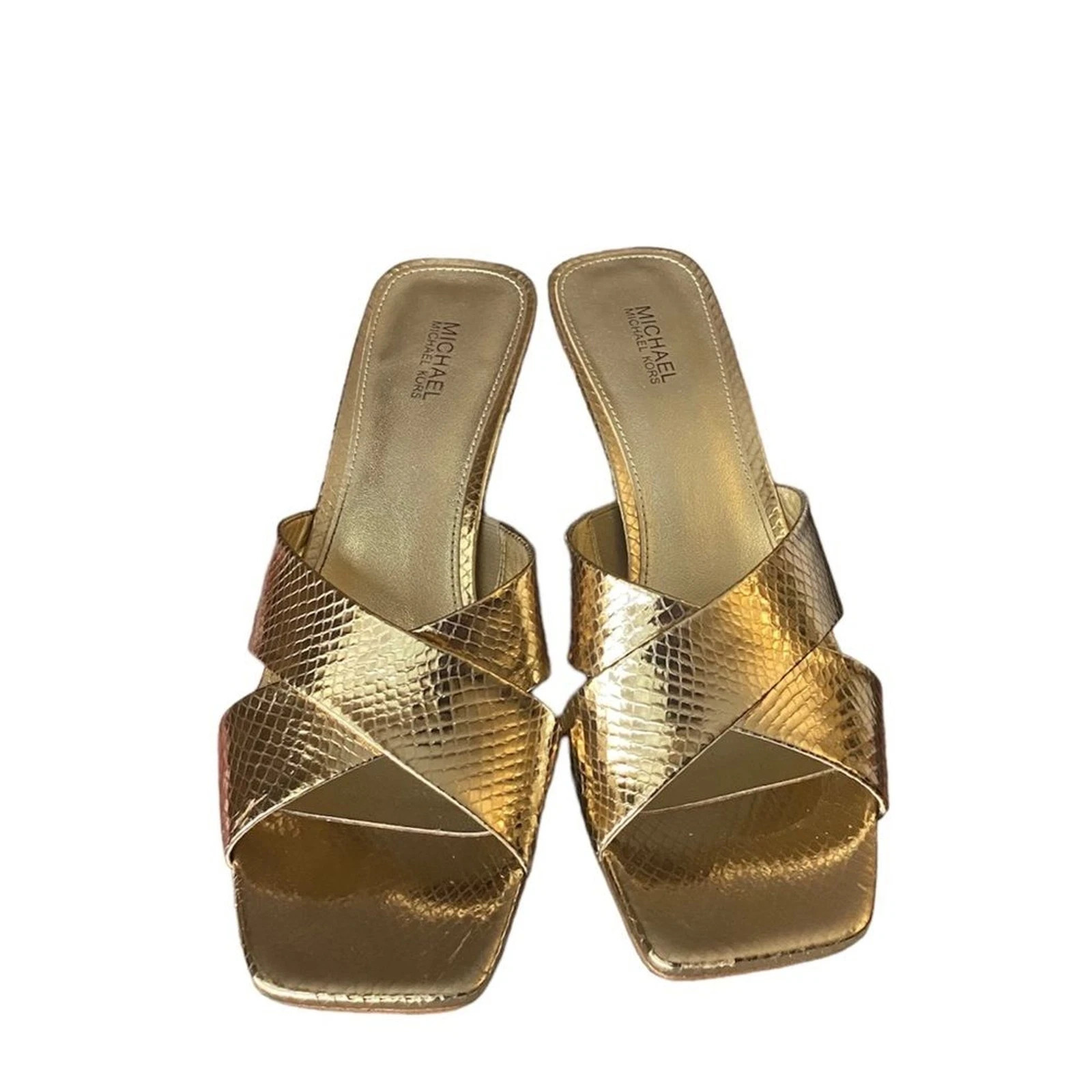 Michael Kors Clara Mule Square toe Sandals Gold Snake Skin leather New in box 10