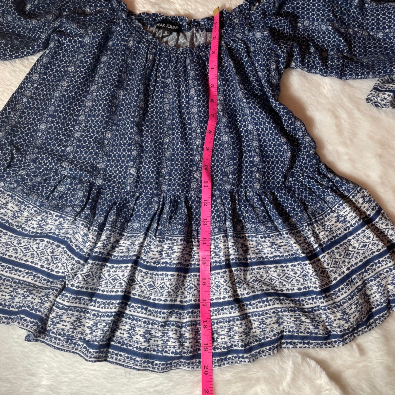 Dear John Blue White Medallion Print Boho Ruffle Peplum Blouse Top XS Peasant