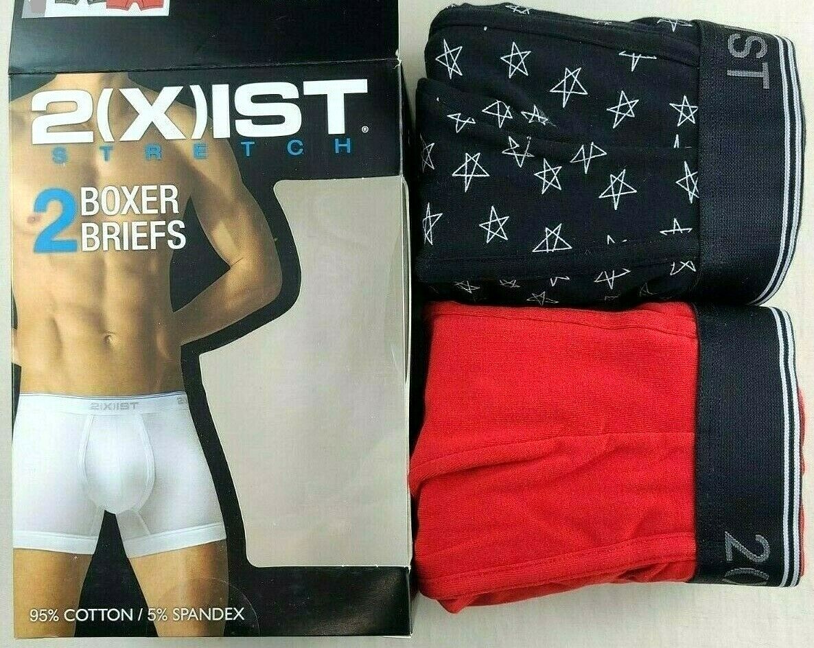 2(X)IST Men’s Boxer Briefs M or L 2 Pack Black Red Cotton Stretch Logo Waist New