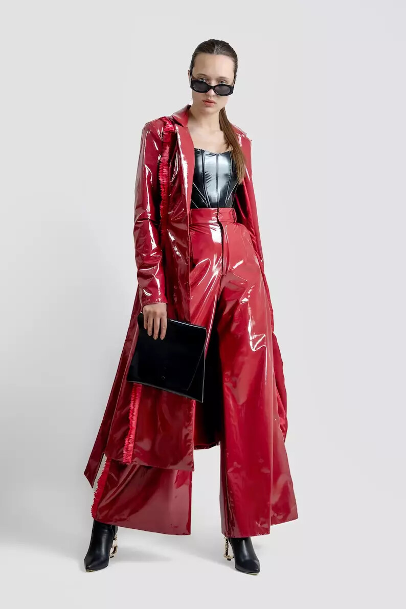 Women Red Vinyl Glossy Waterproof Shinny pants