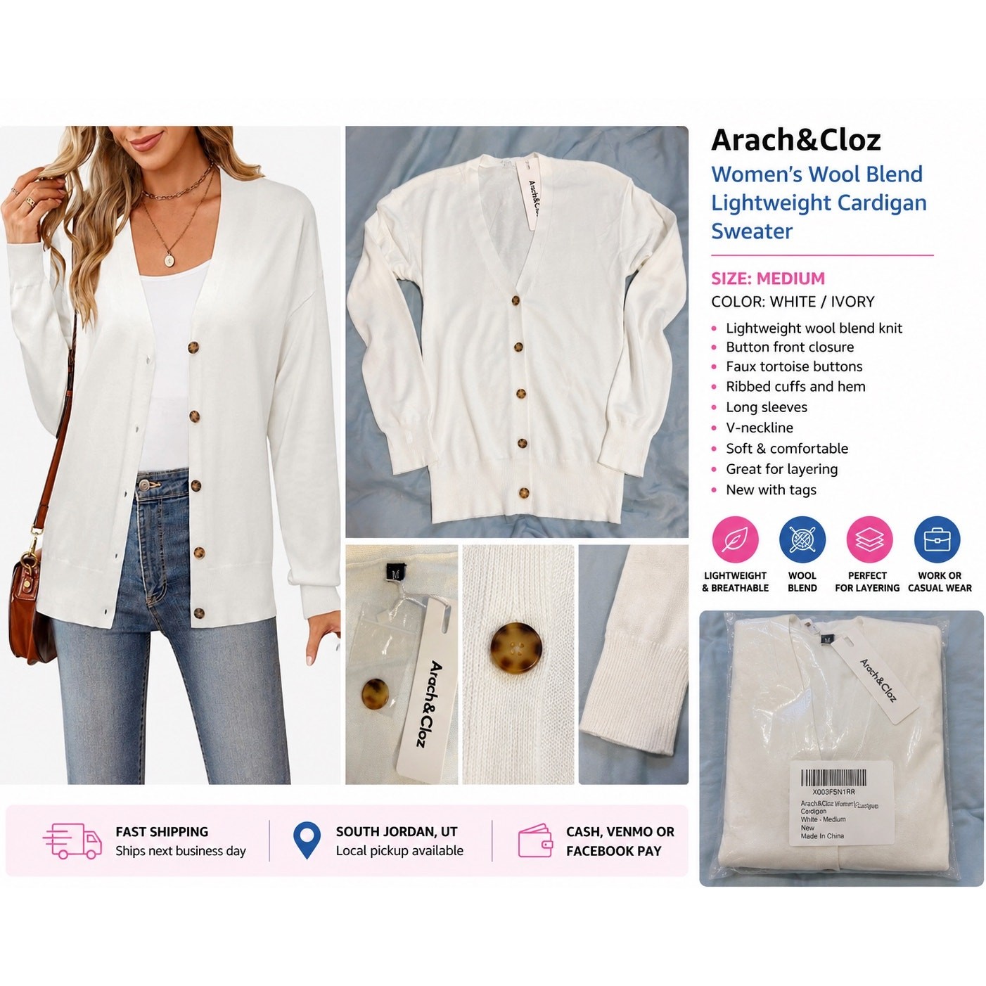 Arach&Cloz Women’s White Button Front Lightweight Cardigan Sweater Medium NWT